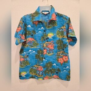 Orange and‎ Blue Button Down Shirt with Tropical Print